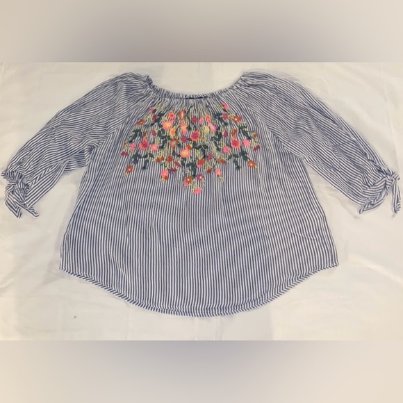 Francesca’s “Blue Rain” Boho Stripe Embroidered 3/4 Sleeve Blouse - Picture 7 of 14